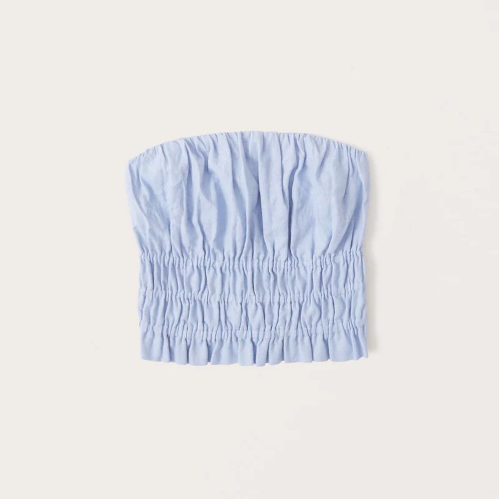 NWT Abercrombie Strapless Linen-Blend Ruched Top Blue XS